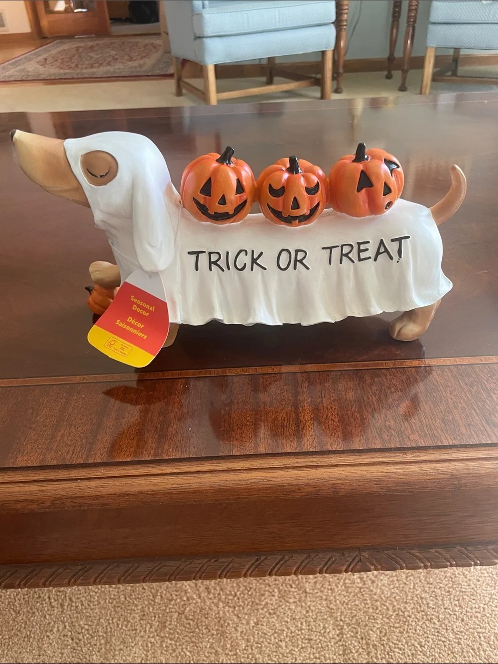 Halloween Dachshund 'Trick or Treat' Dog Figurine - Orange and White